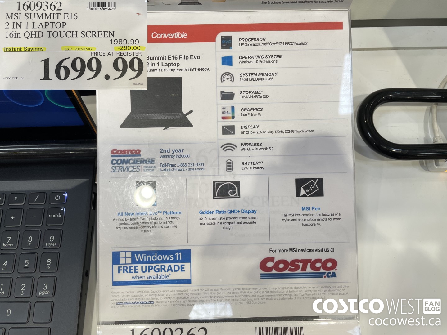 1609362 MSI SUMMIT E16 2 IN 1 LAPTOP 16in QHD TOUCH SCREEN  ($290.00 INSTANT SAVINGS EXPIRES ON 2022-02-03) $1699.99