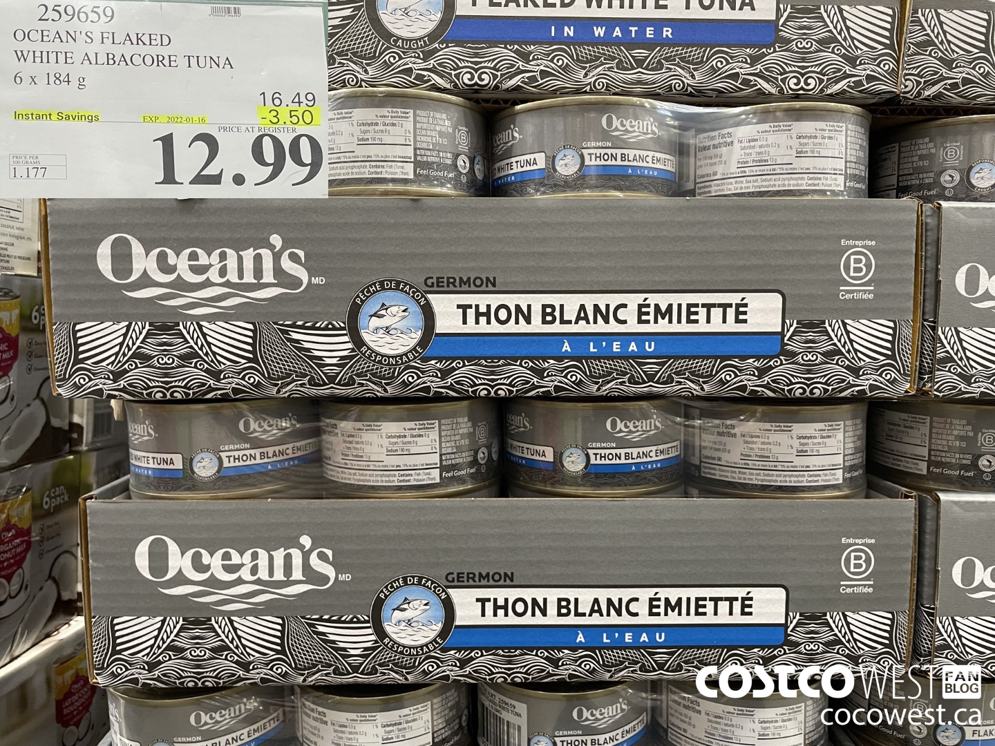259659 OCEAN'S FLAKED WHITE ALBACORE TUNA 6 x 184 g ($4.00 INSTANT SAVINGS EXPIRES ON 2021-05-02) $12.99
