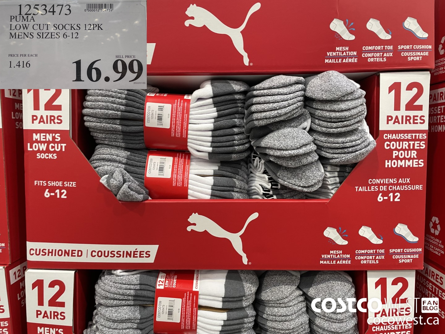 1253473 PUMA LOW CUT SOCKS 12PK MENS SIZES 6-12 $16.99