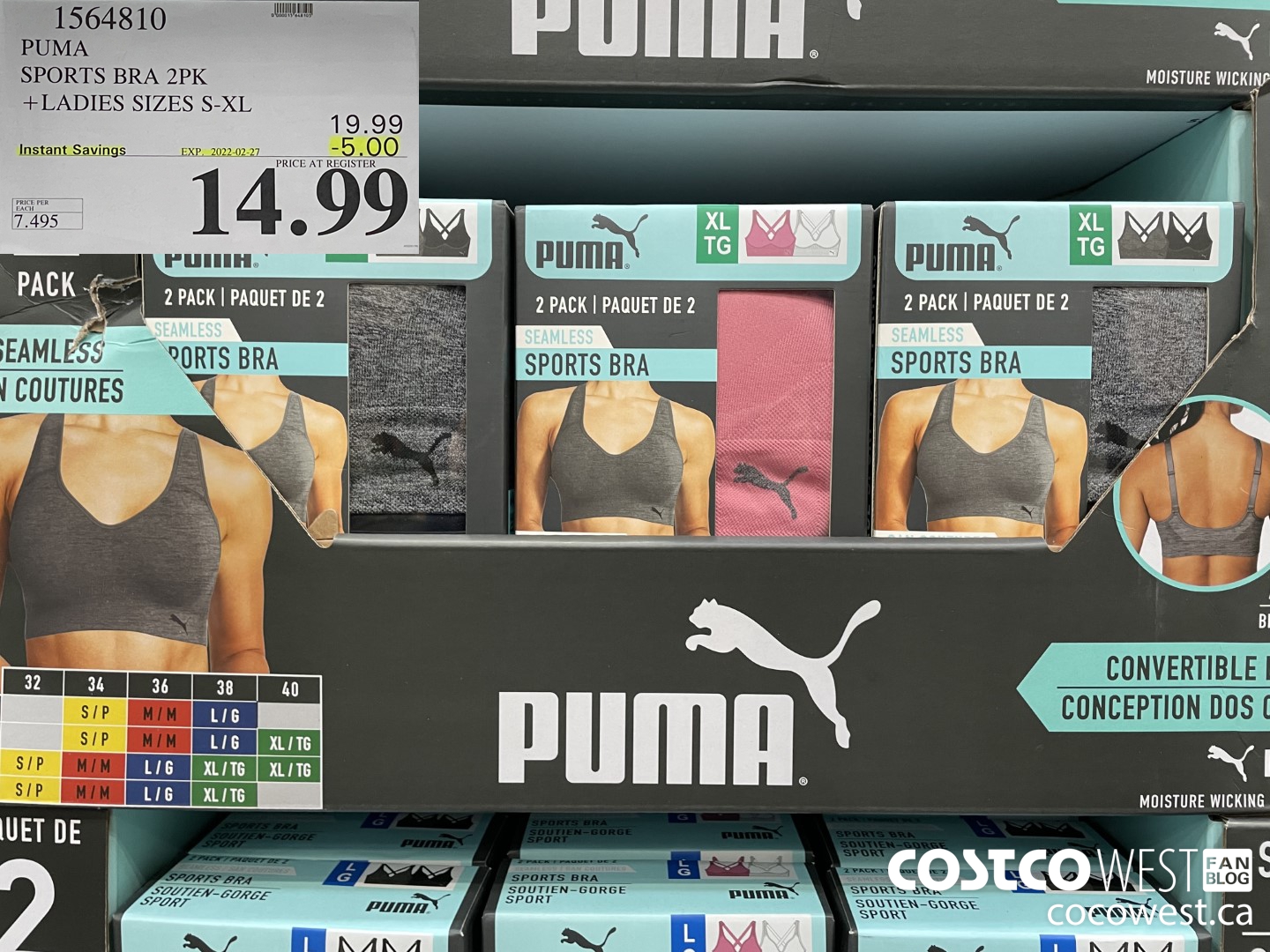 1564810 PUMA SPORTS BRA 2PK LADIES SIZES S-XL  ($5.00 INSTANT SAVINGS EXPIRES ON 2022-02-27) $14.99