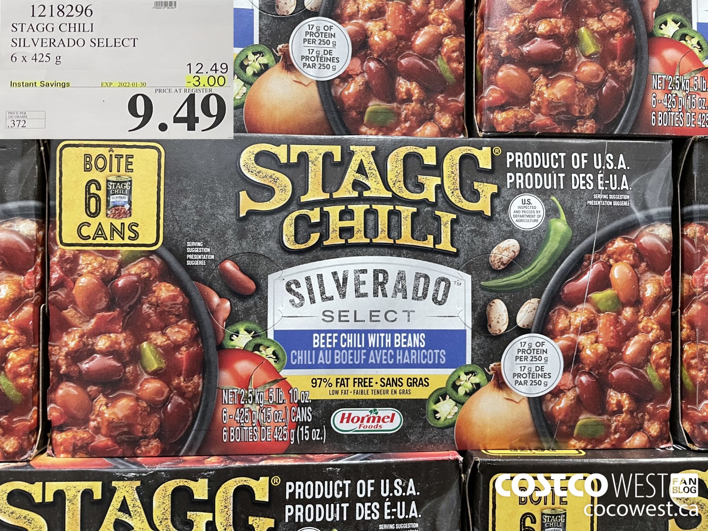 1218296 STAGG CHILI SILVERADO SELECT 6 x 425 g ($3.00 INSTANT SAVINGS EXPIRES ON 2022-01-30) $9.49