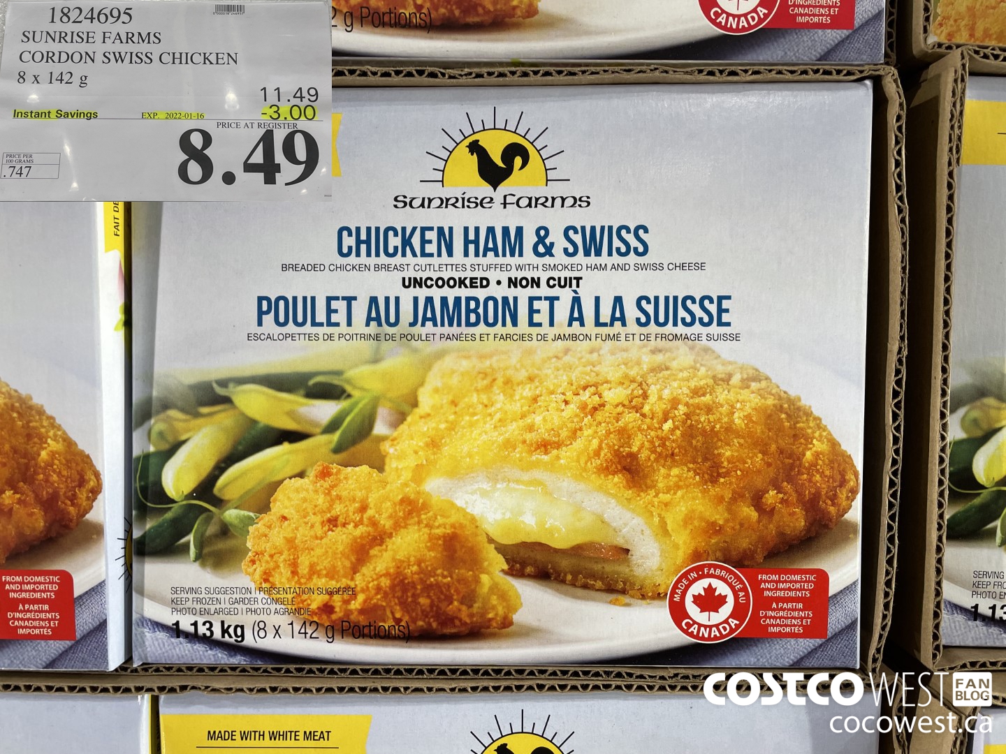 1824695 SUNRISE FARMS CORDON SWISS CHICKEN 8 x 142 g ($3.00 INSTANT SAVINGS EXPIRES ON 2022-01-16) $8.49