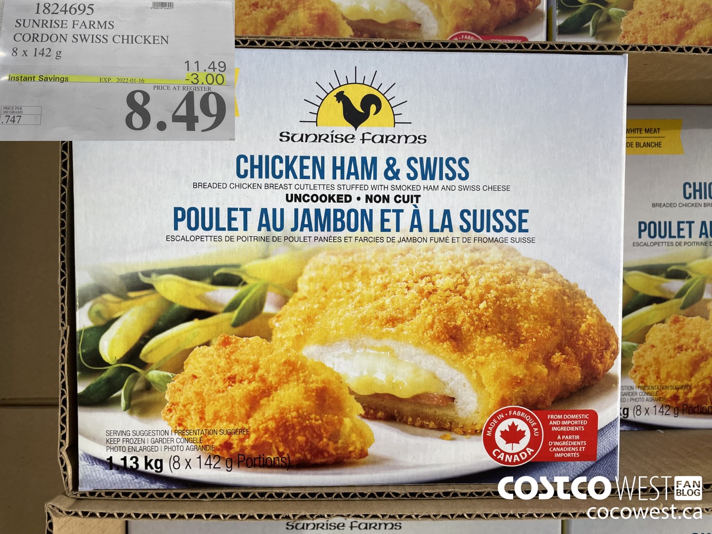 1824695 SUNRISE FARMS CORDON SWISS CHICKEN 8 x 142 g ($3.00 INSTANT SAVINGS EXPIRES ON 2022-01-16) $8.49