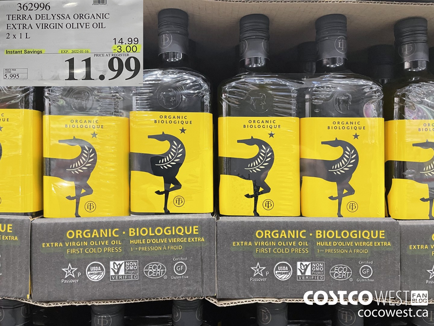 362996 TERRA DELYSSA ORGANIC EXTRA VIRGIN OLIVE OIL 2 x 1 L ($3.00 INSTANT SAVINGS EXPIRES ON 2022-01-16) $11.99