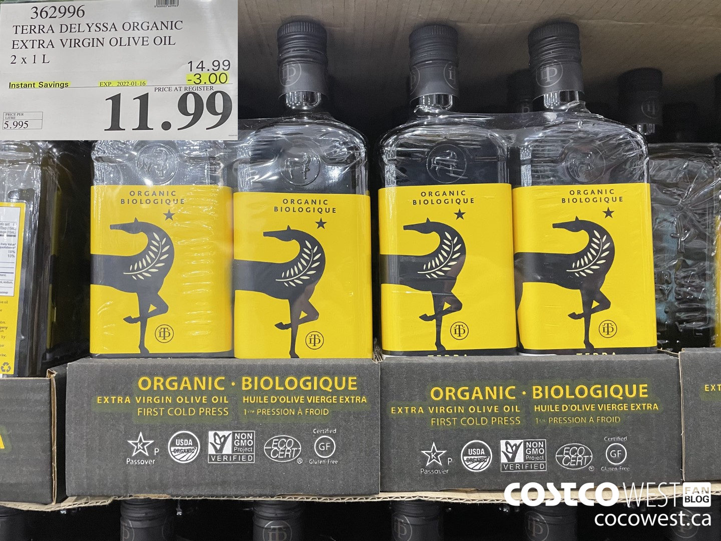 362996 TERRA DELYSSA ORGANIC EXTRA VIRGIN OLIVE OIL 2 x 1 L ($3.00 INSTANT SAVINGS EXPIRES ON 2022-01-16) $11.99