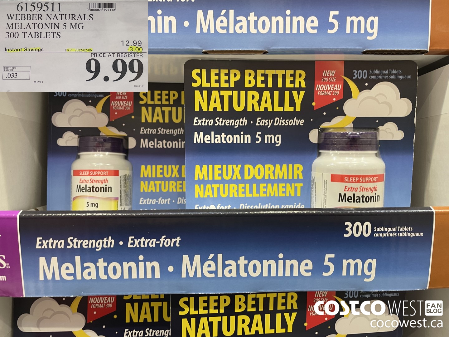 6159511 WEBBER NATURALS MELATONIN 5 MG 300 TABLETS ($3.00 INSTANT SAVINGS EXPIRES ON 2022-02-06) $9.99