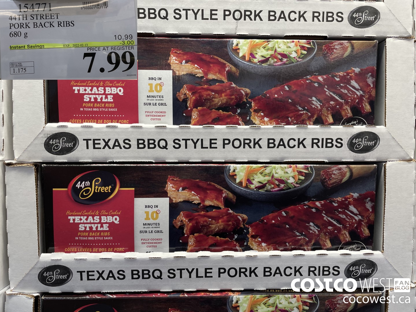 154771 44TH STREET PORK BACK RIBS 680 g ($3.00 INSTANT SAVINGS EXPIRES ON 2022-02-13) $7.99