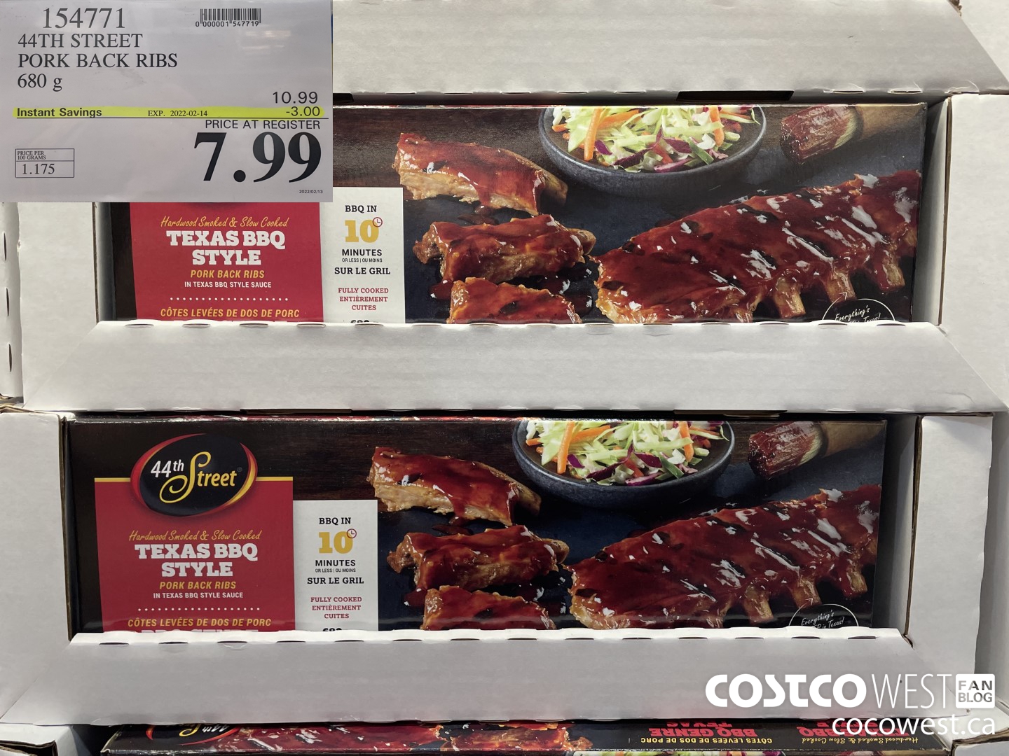154771 44TH STREET PORK BACK RIBS 680 g ($3.00 INSTANT SAVINGS EXPIRES ON 2022-02-14) $7.99
