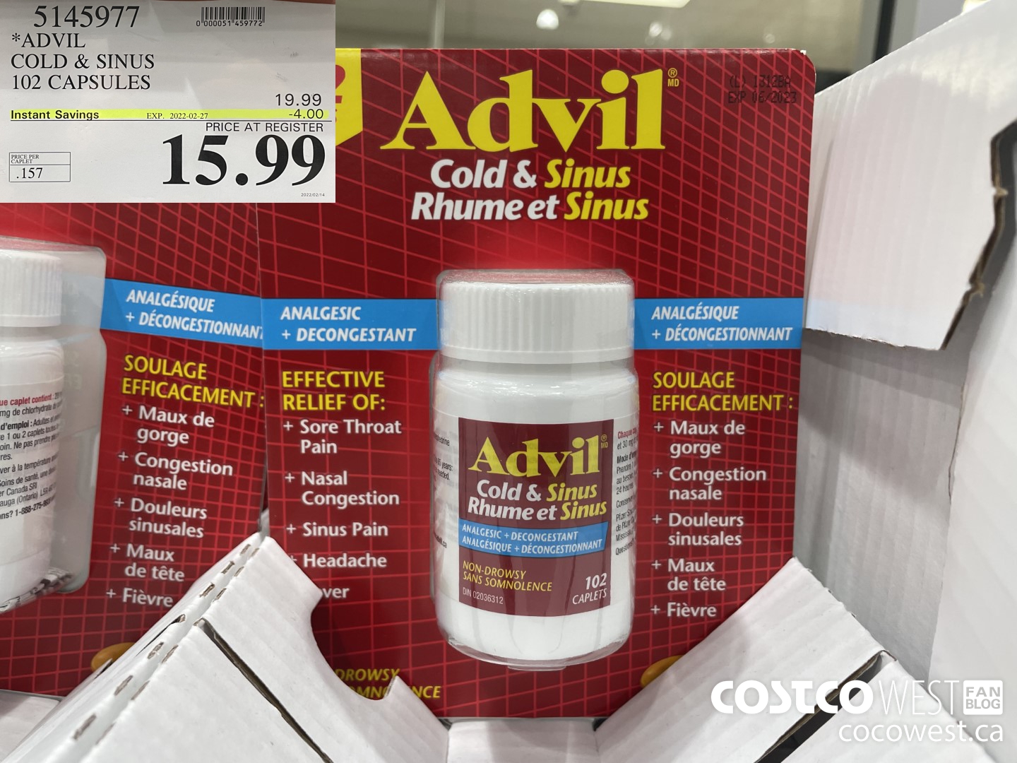 5145977 ADVIL COLD & SINUS 102 CAPSULES ($4.00 INSTANT SAVINGS EXPIRES ON 2022-02-27) $15.99