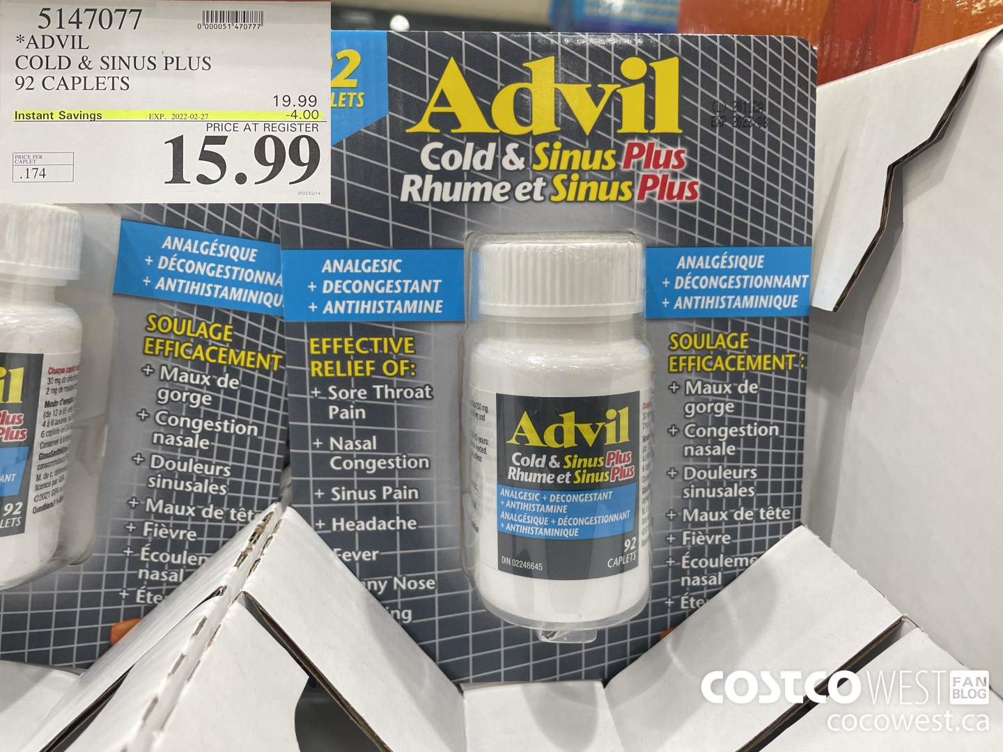 5147077 ADVIL COLD & SINUS PLUS 92 CAPLETS ($4.00 INSTANT SAVINGS EXPIRES ON 2022-02-27) $15.99