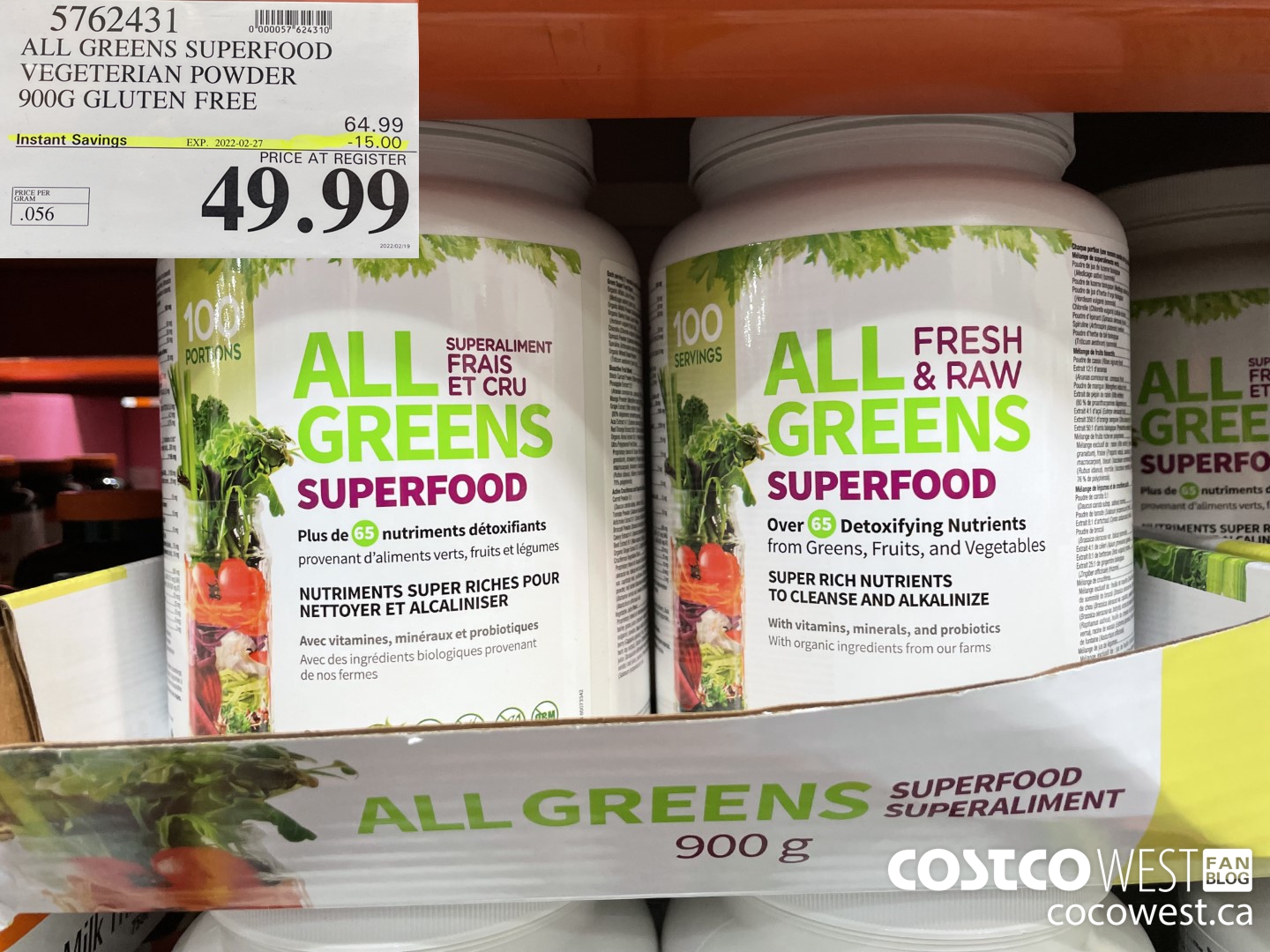 5762431 ALL GREENS SUPERFOOD VEGETERIAN POWDER 900G GLUTEN FREE ($15.00 INSTANT SAVINGS EXPIRES ON 2022-02-27) $49.99