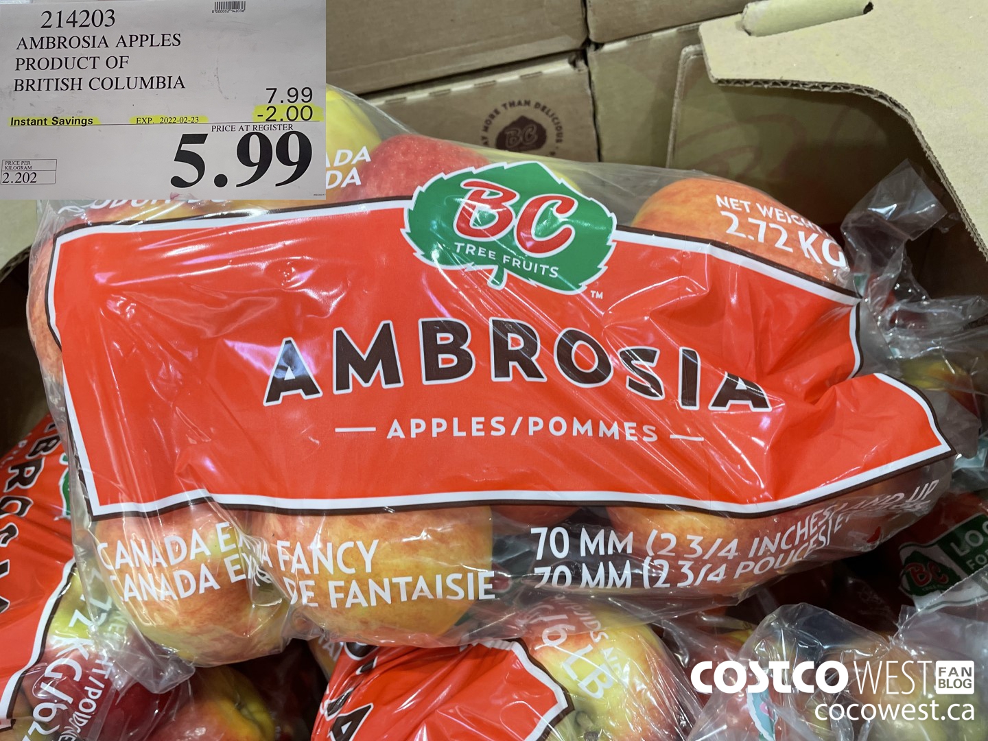 214203 AMBROSIA APPLES PRODUCT OF CANADA CANADA EXTRA FANCY ($2.00 INSTANT SAVINGS EXPIRES ON 2022-02-23) $5.99