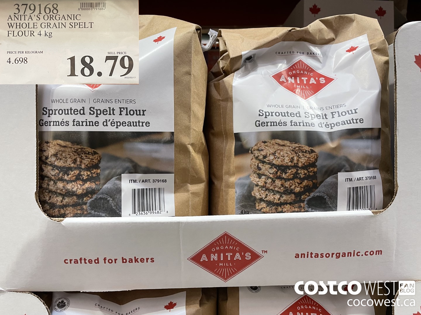 379168 ANITA'S ORGANIC WHOLE GRAIN SPELT FLOUR 4 kg $18.79