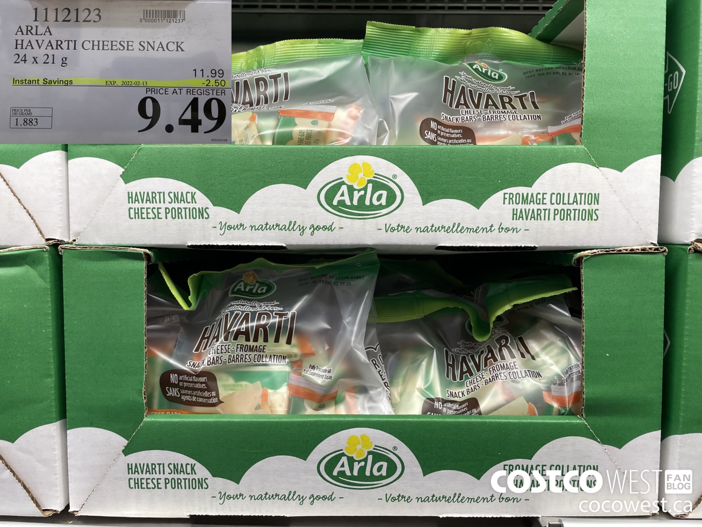 1112123 ARLA HAVARTI CHEESE SNACK 24 x 21g ($2.50 INSTANT SAVINGS EXPIRES ON 2022-02-13) $9.49