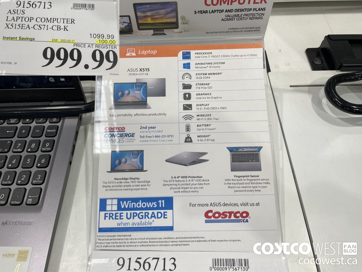 9156713 ASUS LAPTOP COMPUTER X515EA-CS71-CB-K ($100.00 INSTANT SAVINGS EXPIRES ON 2022-02-17) $999.99