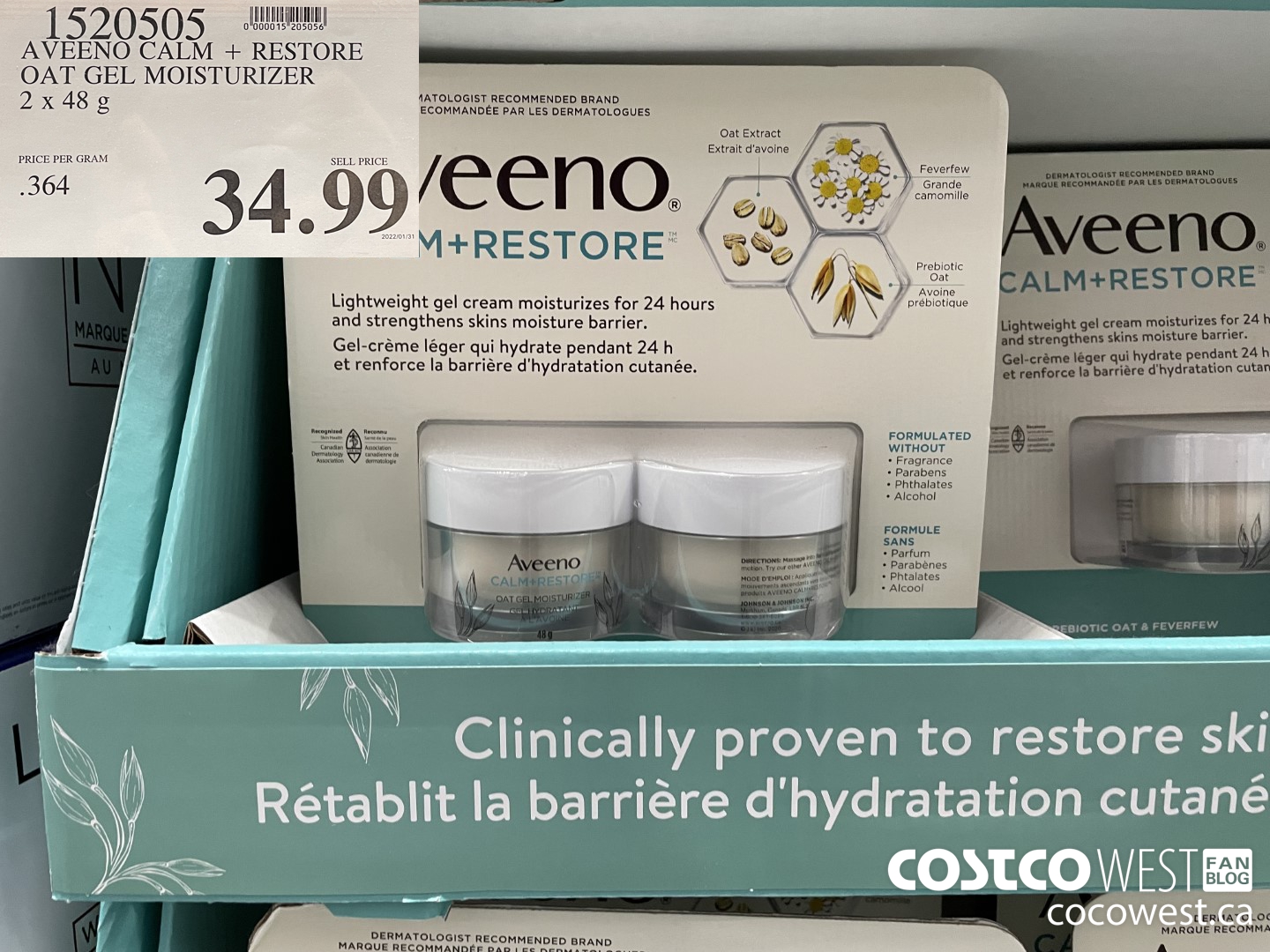 1520505 AVEENO CALM + RESTORE OAT GEL MOISTURIZER 2x48 g  $34.99