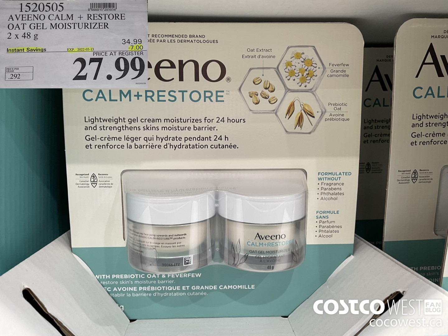 1520505 AVEENO CALM + RESTORE OAT GEL MOISTURIZER 2x48 g  ($7.00 INSTANT SAVINGS EXPIRES ON 2022-03-13) $27.99