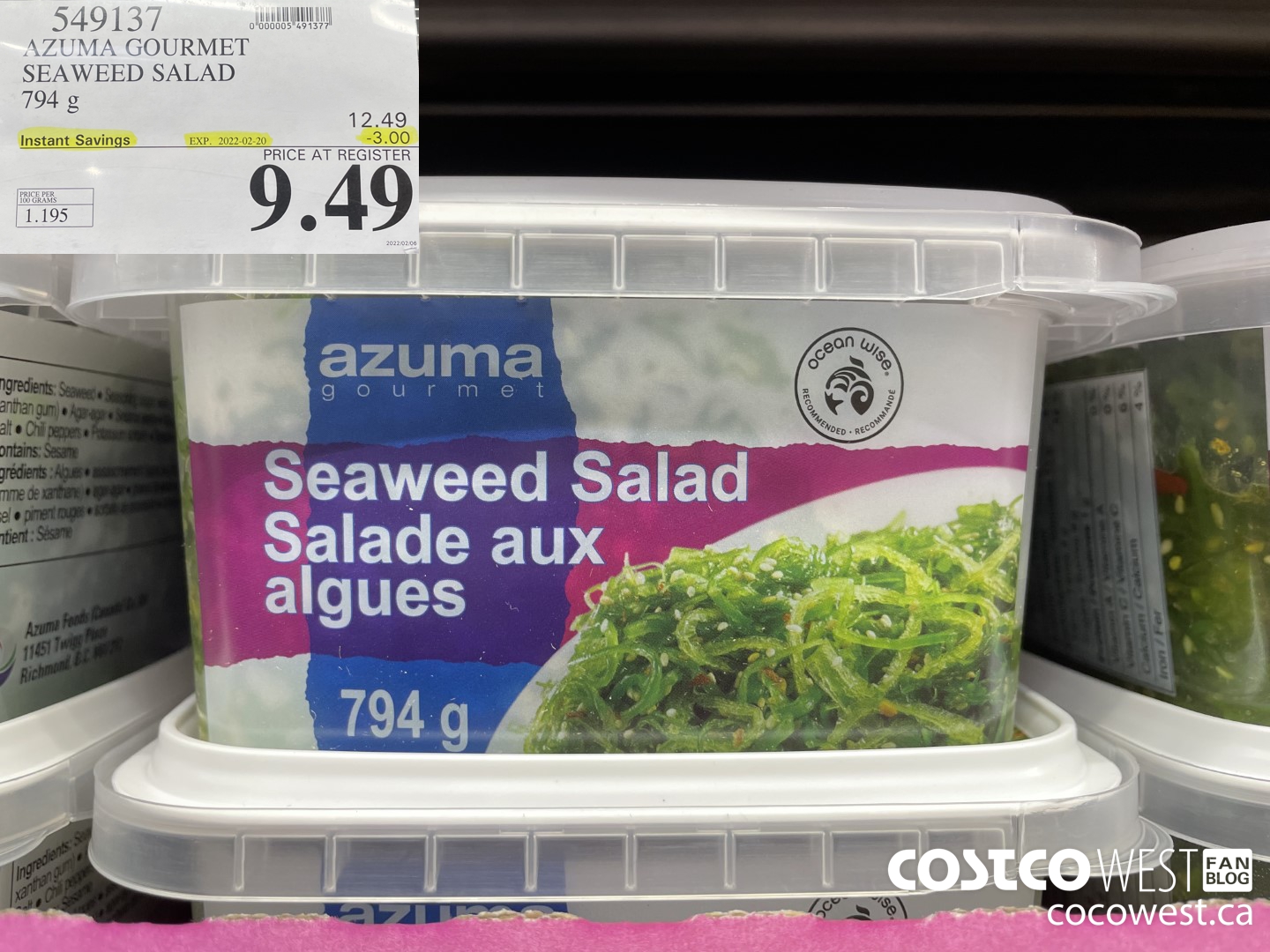 549137 AZUMA GOURMET SEAWEED SALAD 794 g ($3.00 INSTANT SAVINGS EXPIRES ON 2022-02-20) $9.49