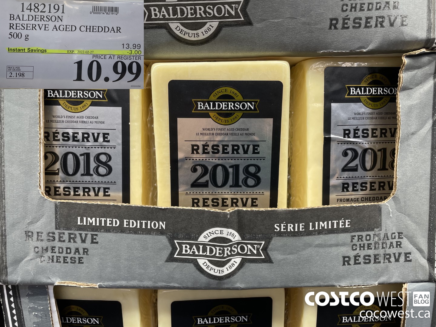 1482191 BALDERSON RESERVE AGED CHEDDAR 500 g ($3.00 INSTANT SAVINGS EXPIRES ON 2022-02-27) $10.99