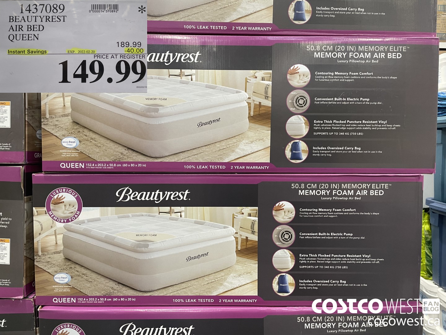 1437089 BEAUTYREST AIR BED QUEEN  ($40.00 INSTANT SAVINGS EXPIRES ON 2022-02-20) $149.99