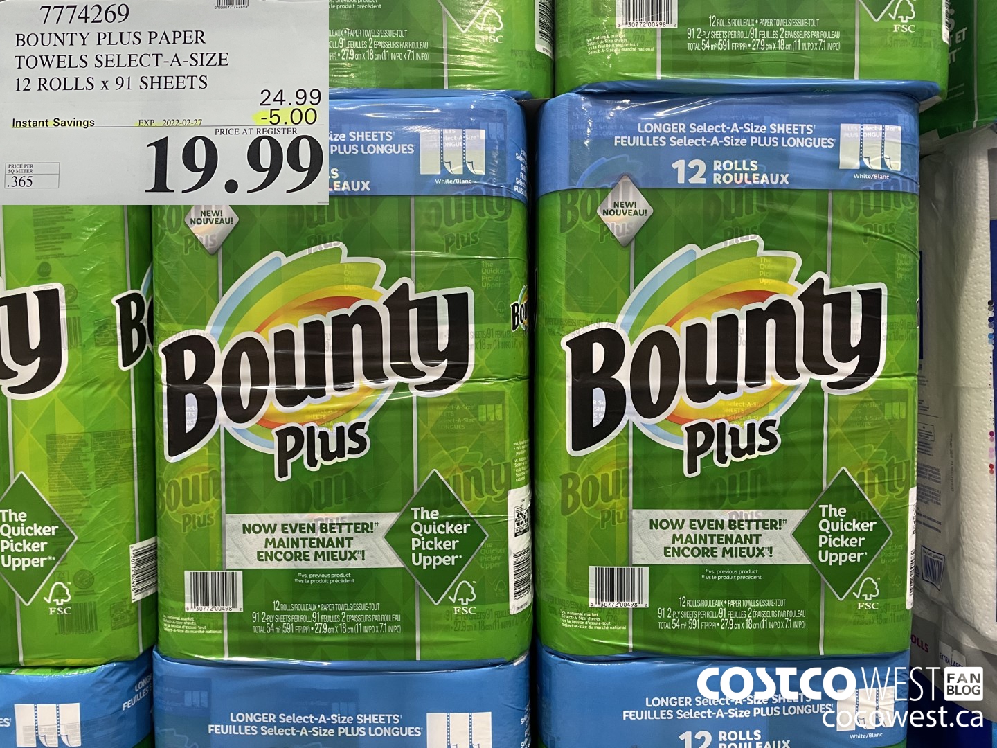 7774269 BOUNTY PLUS PAPER TOWELS SELECT-A-SIZE 12 ROLLS x 91 SHEETS ($5.00 INSTANT SAVINGS EXPIRES ON 2022-02-27) $19.99