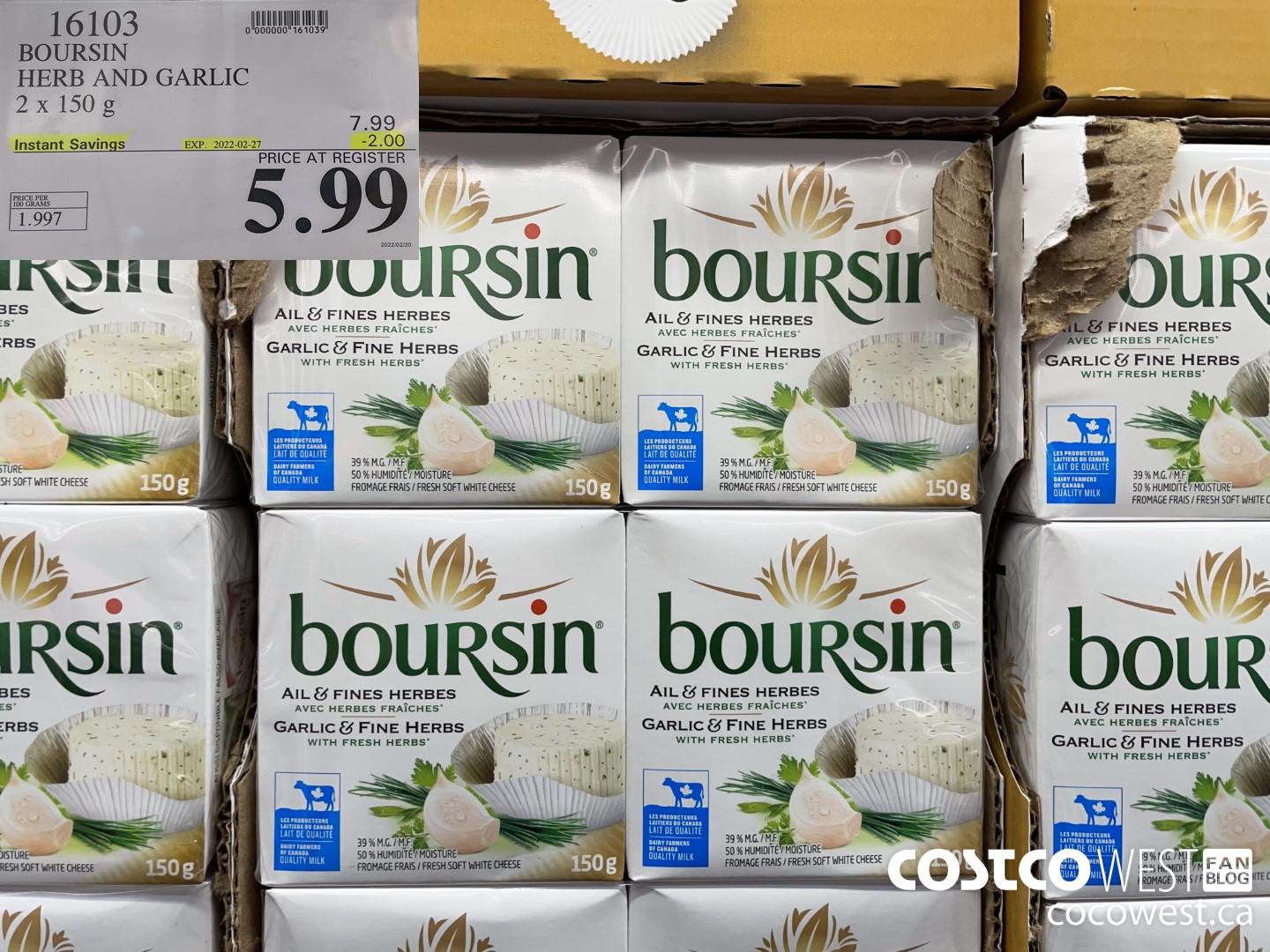 16103 BOURSIN HERB AND GARLIC 2 x 150 g ($2.00 INSTANT SAVINGS EXPIRES ON 2022-02-27) $5.99