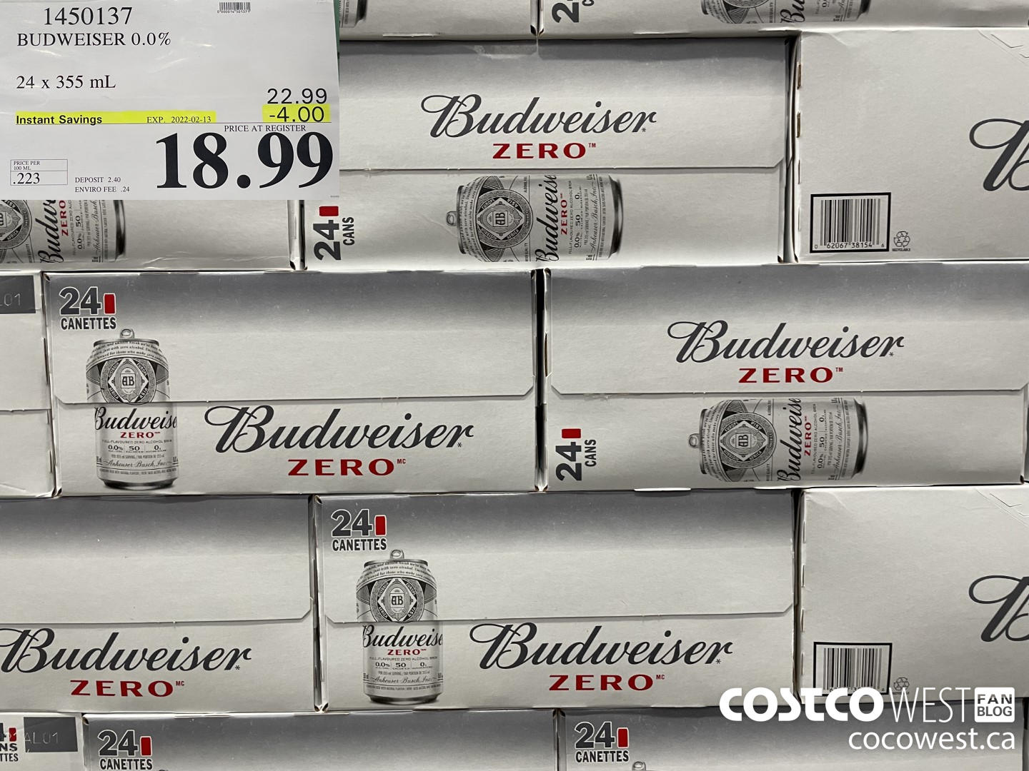 1450137 BUDWEISER 0.0% 24 x 355 mL ($4.00 INSTANT SAVINGS EXPIRES ON 2022-02-13) $18.99