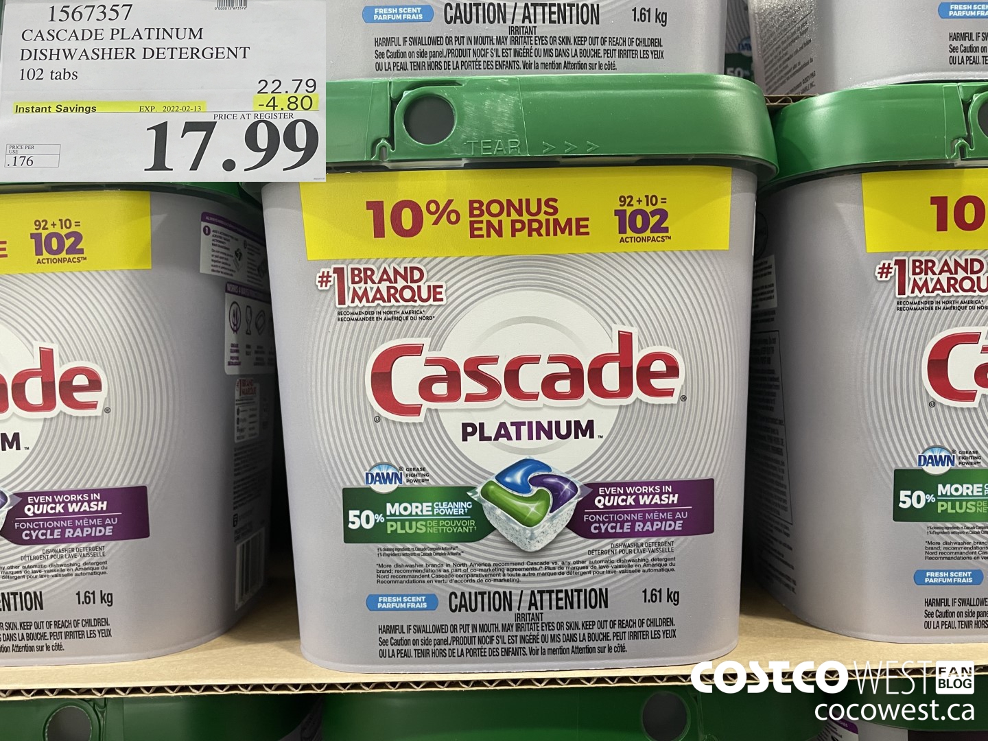 1567357 CASCADE PLATINUM DISHWASHER DETERGENT 102 tabs ($4.80 INSTANT SAVINGS EXPIRES ON 2022-02-13) $17.99