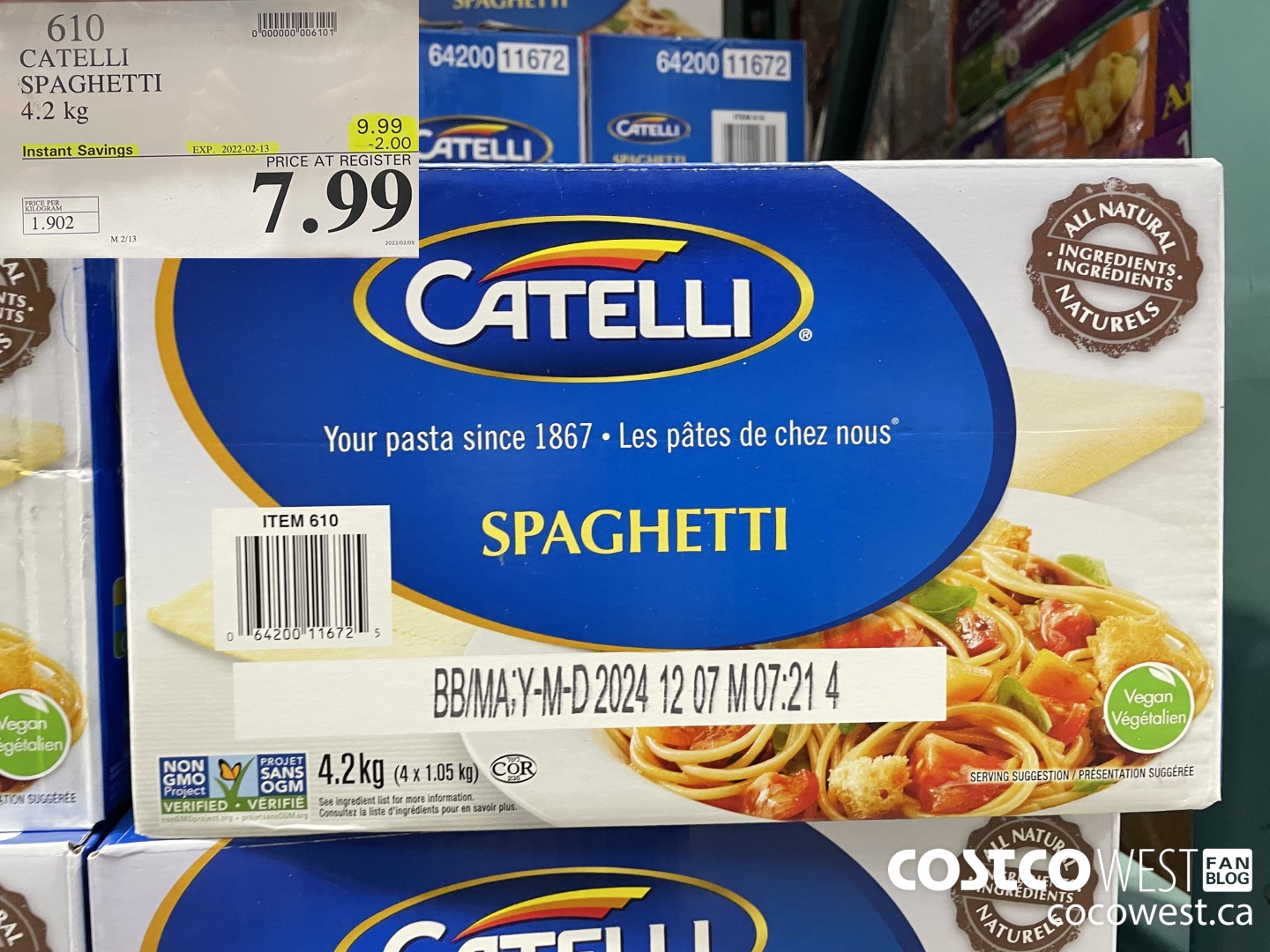 610 CATELLI SPAGHETTI 4.2kg  ($2.00 INSTANT SAVINGS EXPIRES ON 2022-02-13) $7.99