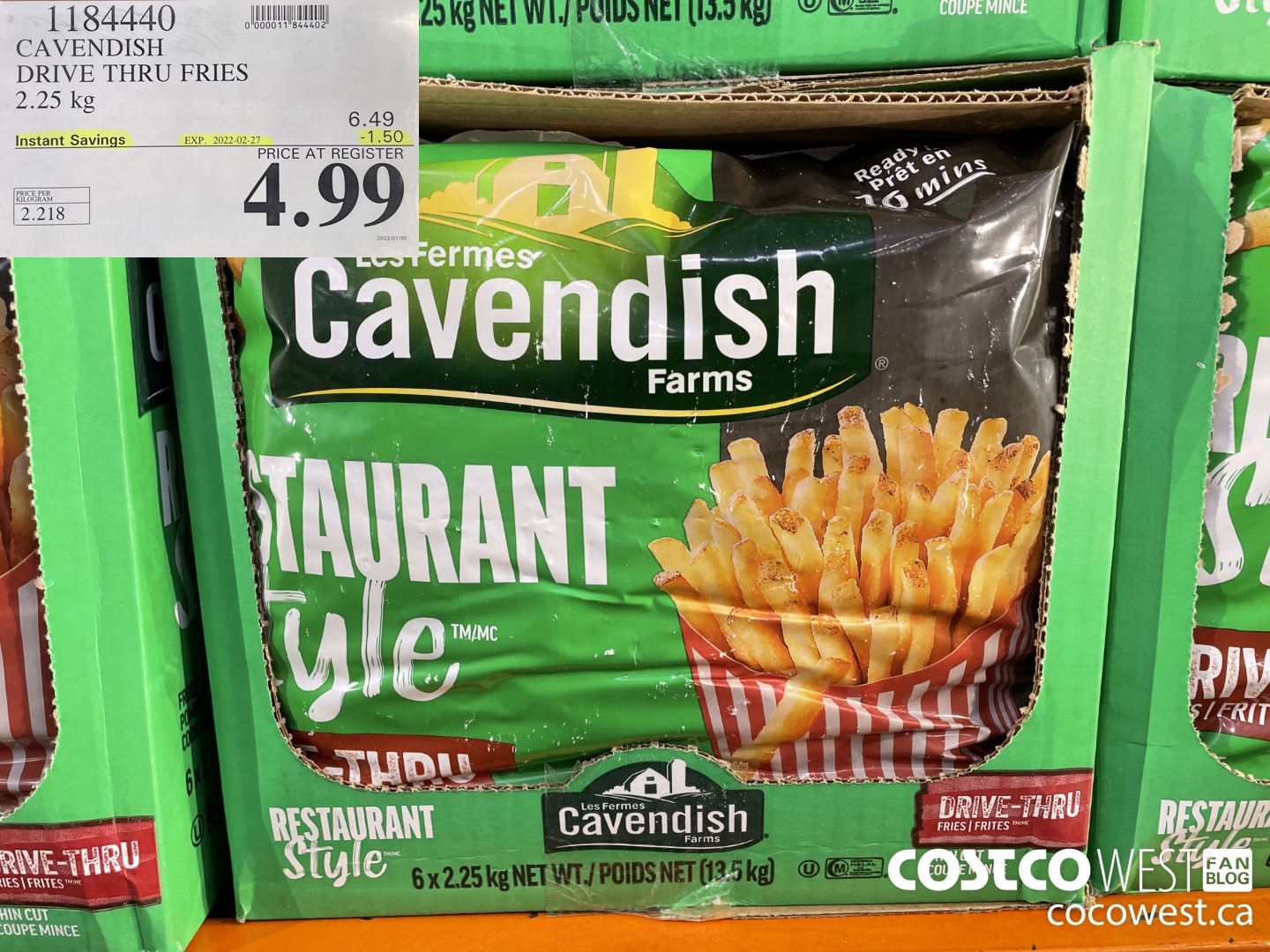1184440 CAVENDISH DRIVE THRU FRIES 2.25 kg ($1.50 INSTANT SAVINGS EXPIRES ON 2022-02-27) $4.99