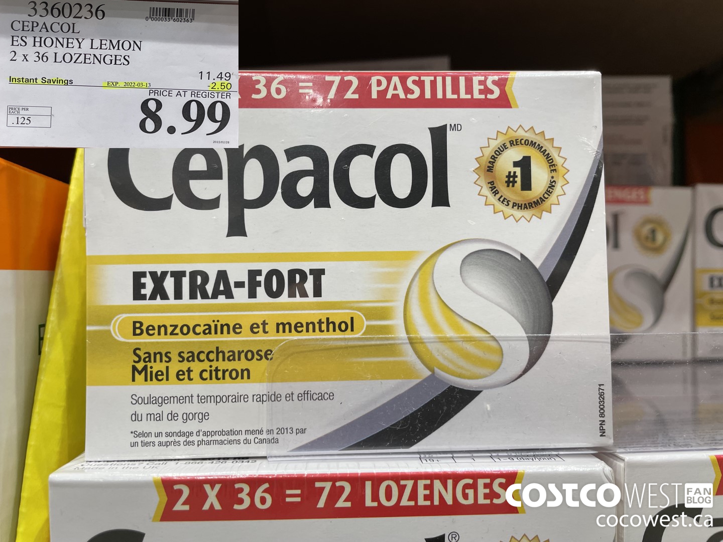 3360236 CEPACOL ES HONEY LEMON 2 X 36 LOZENGES ($2.50 INSTANT SAVINGS EXPIRES ON 2022-03-13) $8.99