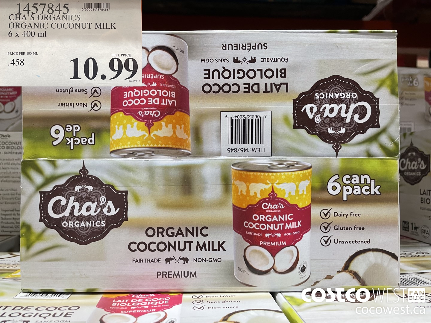 1457845 CHA'S ORGANICS ORGANIC COCONUT MILK 6 x 400 ml $10.99