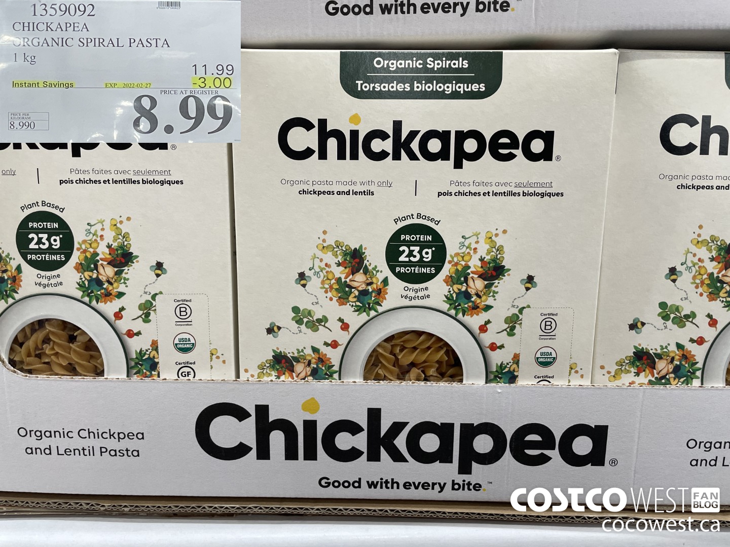 1359092 CHICKAPEA ORGANIC SPIRAL PASTA 1 kg ($3.00 INSTANT SAVINGS EXPIRES ON 2022-02-27) $8.99