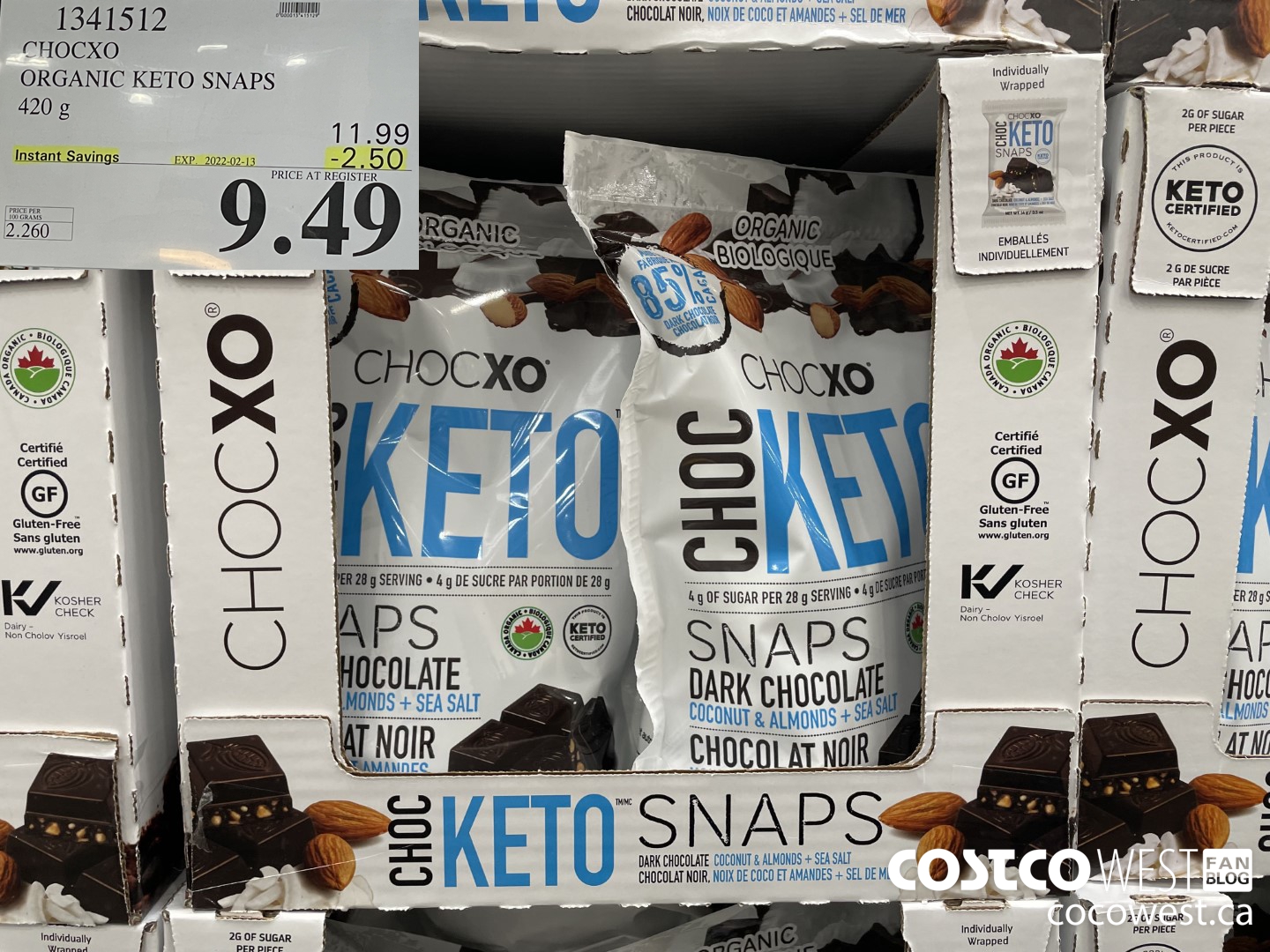 1341512 CHOCXO KETO SNAPS 420G ($2.50 INSTANT SAVINGS EXPIRES ON 2022-02-13) $9.49