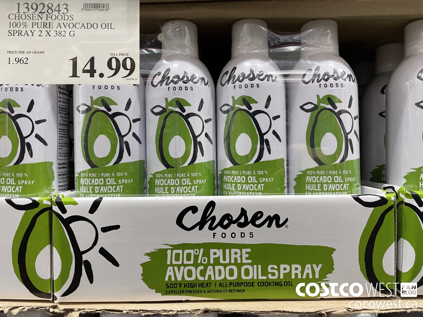 1392843 CHOSEN FOODS 100% PURE AVOCADE OIL SPRAY 2 x 382 g $14.99