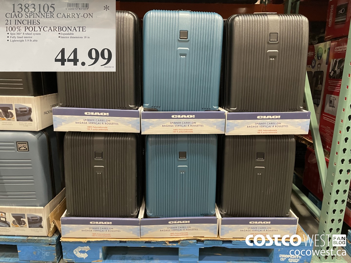 1383105 CIAO SPINNER CARRY-ON 21 INCHES 100% POLYCARBONATE $44.99