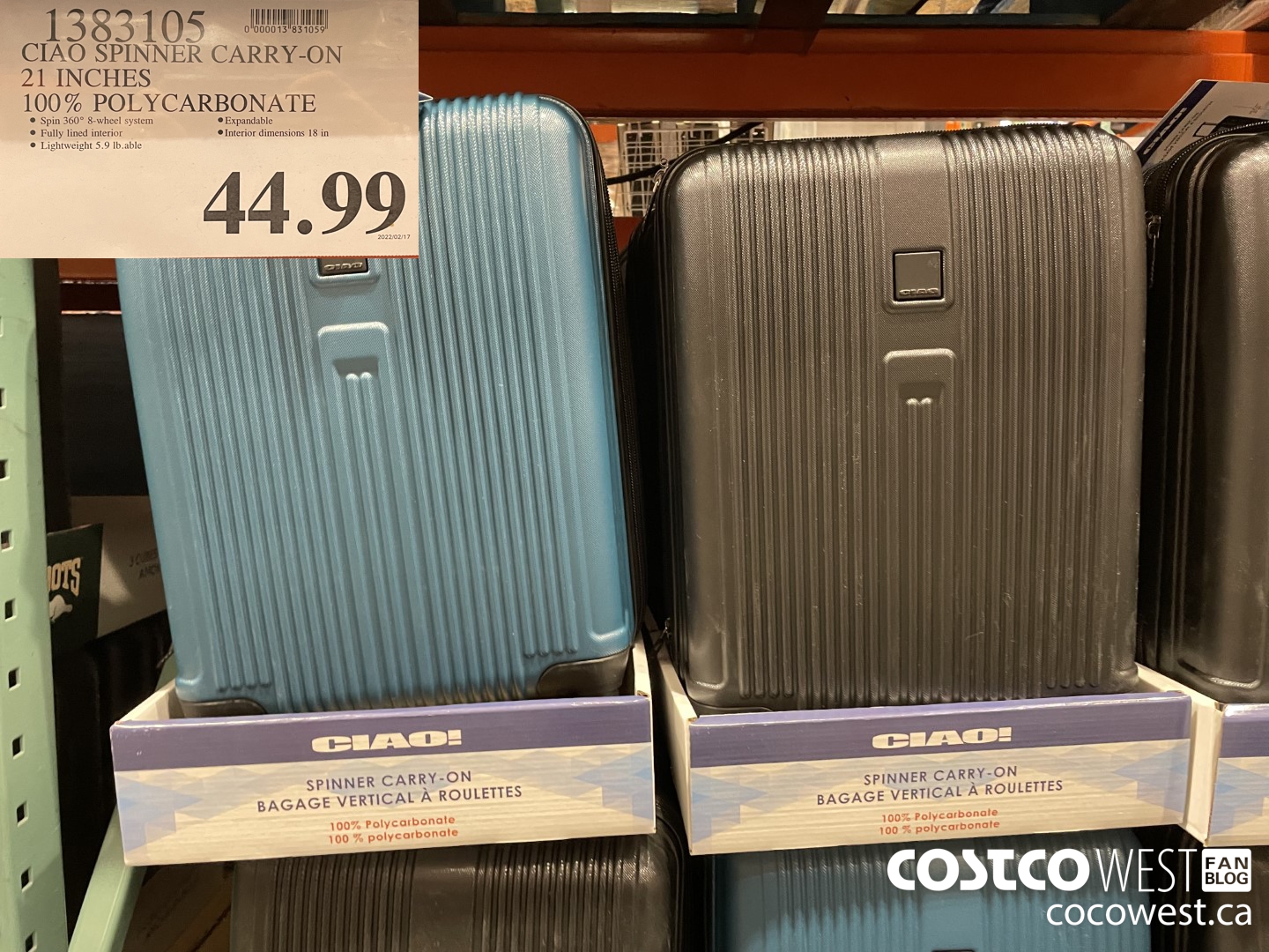 1383105 CIAO SPINNER CARRY-ON 21 INCHES 100% POLYCARBONATE $44.99