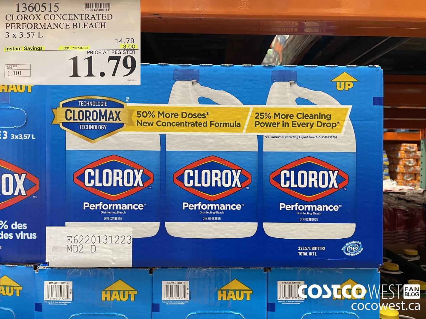 1360515 CLOROX CONCENTRATED PERFORMANCE BLEACH 3 x 3.57 L ($3.00 INSTANT SAVINGS EXPIRES ON 2022-02-27) $11.79