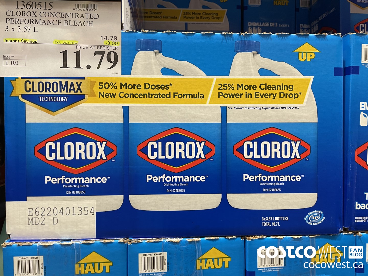 1360515 CLOROX CONCENTRATED PERFORMANCE BLEACH 3 x 3.57 L ($3.00 INSTANT SAVINGS EXPIRES ON 2022-03-06) $11.79