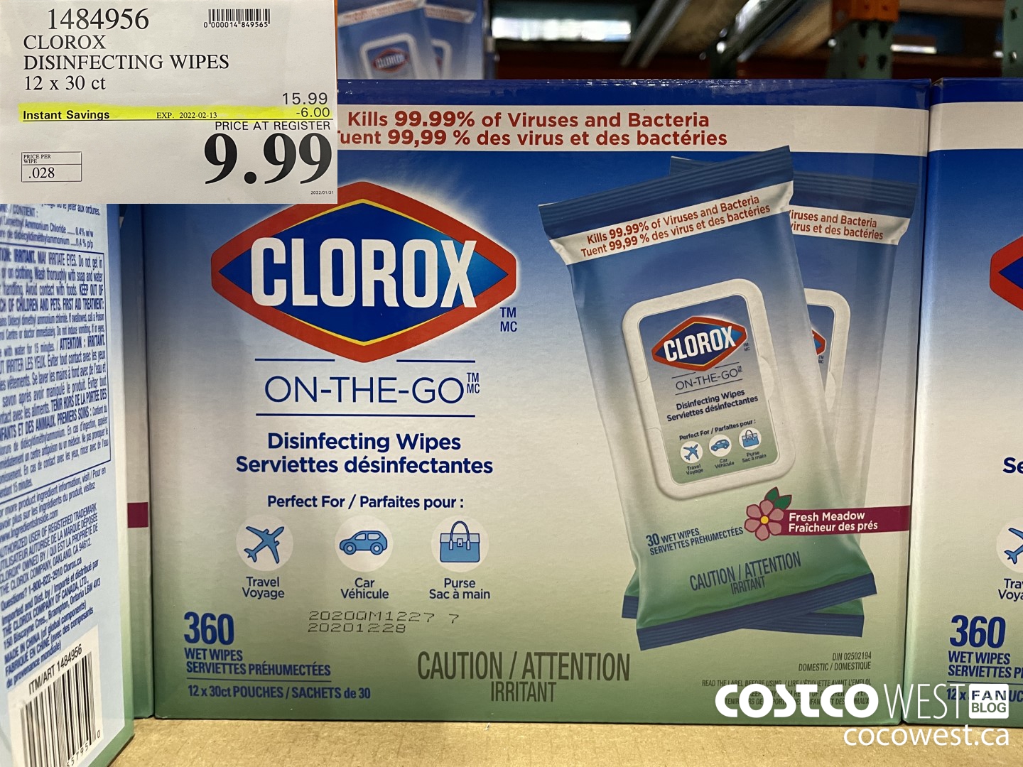 1484956 CLOROX DISINFECTING WIPES 12 x 30 ct ($6.00 INSTANT SAVINGS EXPIRES ON 2022-02-13) $9.99