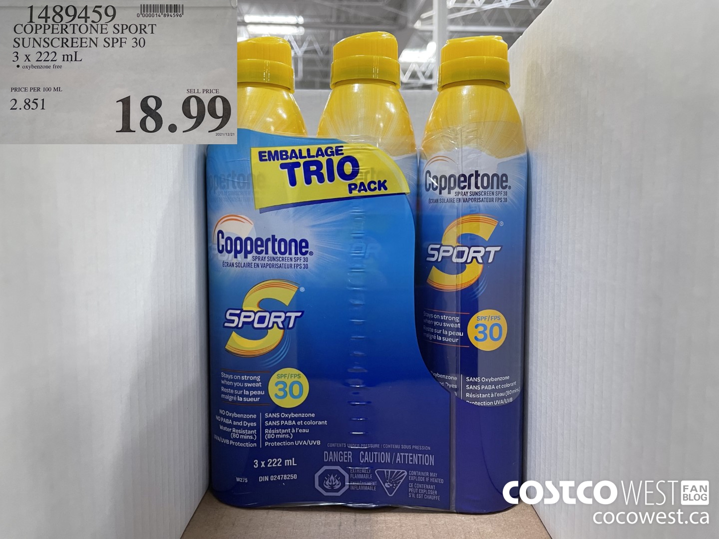 1489459 COPPERTONE SPORT SUNSCREEN SPF 30 3 x 222 mL $18.99