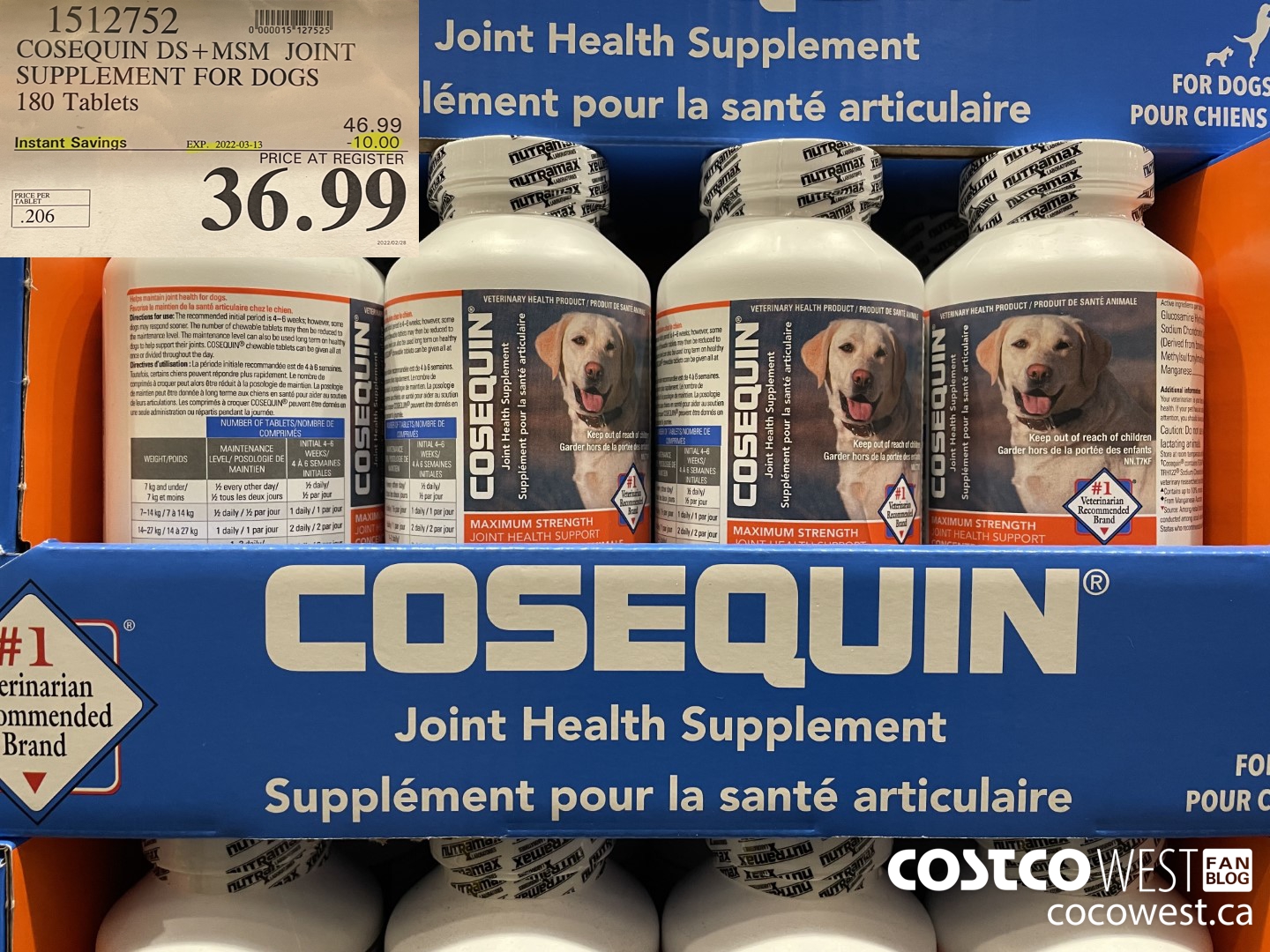 1512752 COSEQUIN DS + MSM JOINT SUPPLEMENT FOR DOGS 180 Tablets ($10.00 INSTANT SAVINGS EXPIRES ON 2022-03-13) $36.99