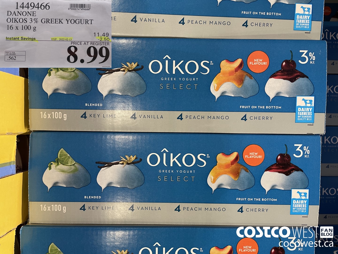 1449466 DANONE OIKOS 3% GREEK YOGURT 16 x 100g ($2.50 INSTANT SAVINGS EXPIRES ON 2022-02-13) $8.99