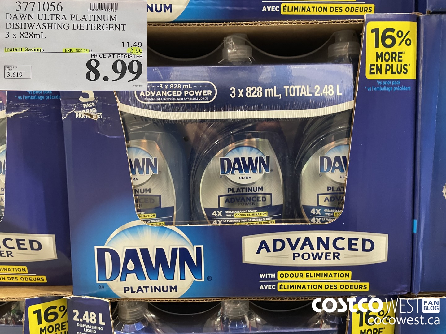 3771056 DAWN ULTRA PLATINUM DISHWASHING DETERGENT 3 x 828mL ($2.50 INSTANT SAVINGS EXPIRES ON 2022-03-13) $8.99