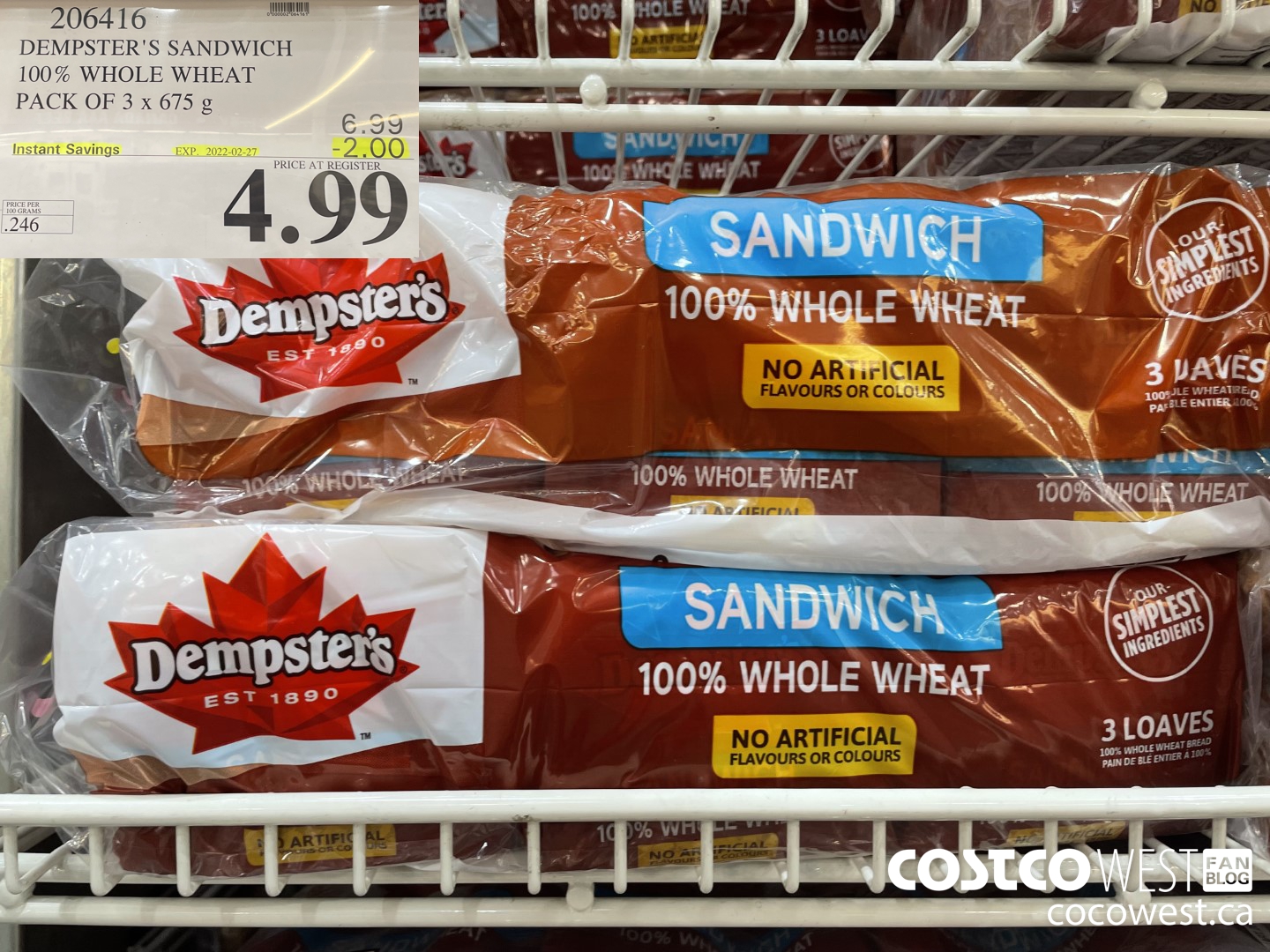 206416 DEMPSTER'S SANDWICH 100% WHOLE WHEAT PACK OF 3 x 675 g ($2.00 INSTANT SAVINGS EXPIRES ON 2022-02-27) $4.99