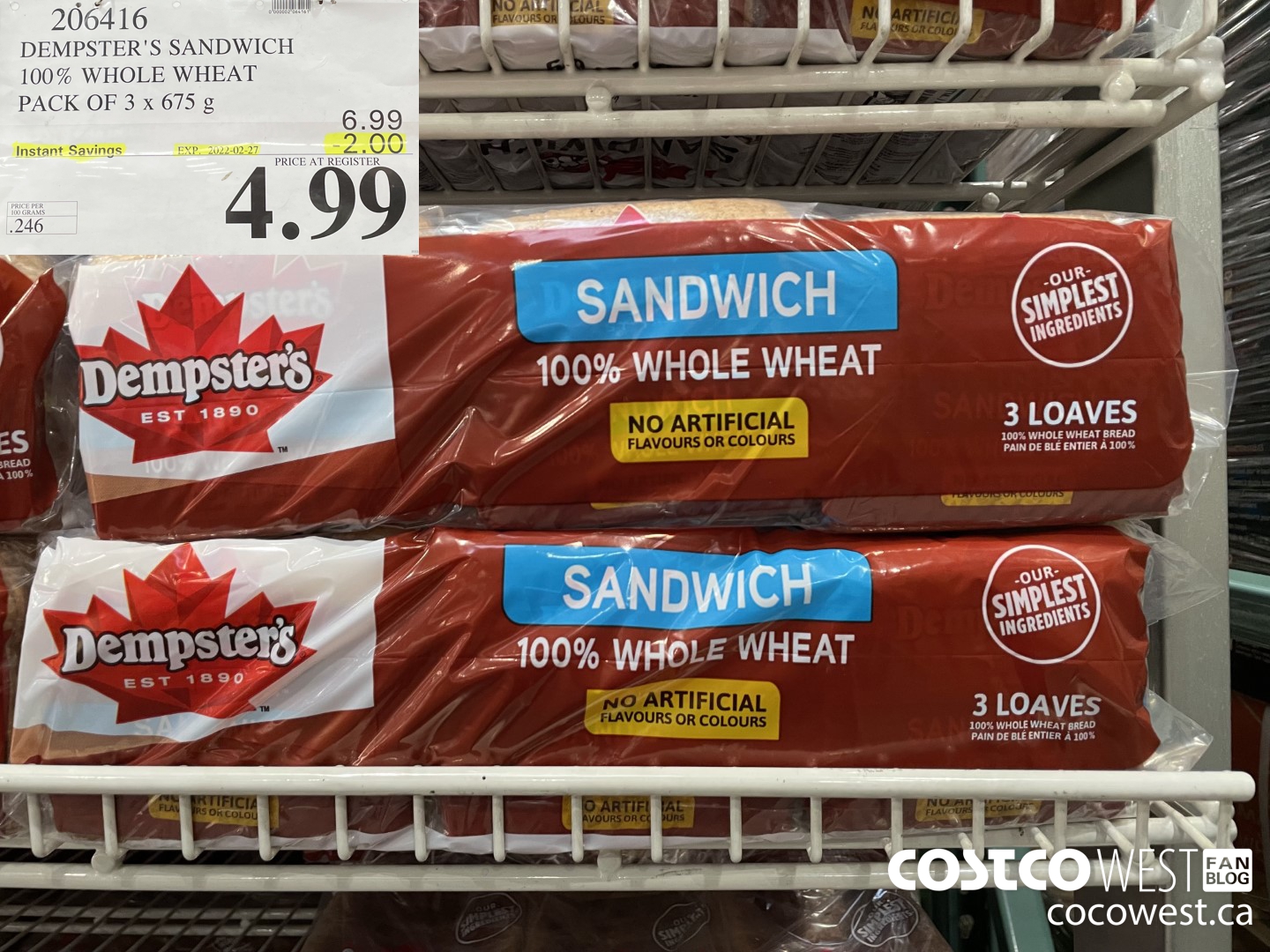 206416 DEMPSTER'S SANDWICH 100% WHOLE WHEAT PACK OF 3 x 675 g ($2.00 INSTANT SAVINGS EXPIRES ON 2022-02-27) $4.99