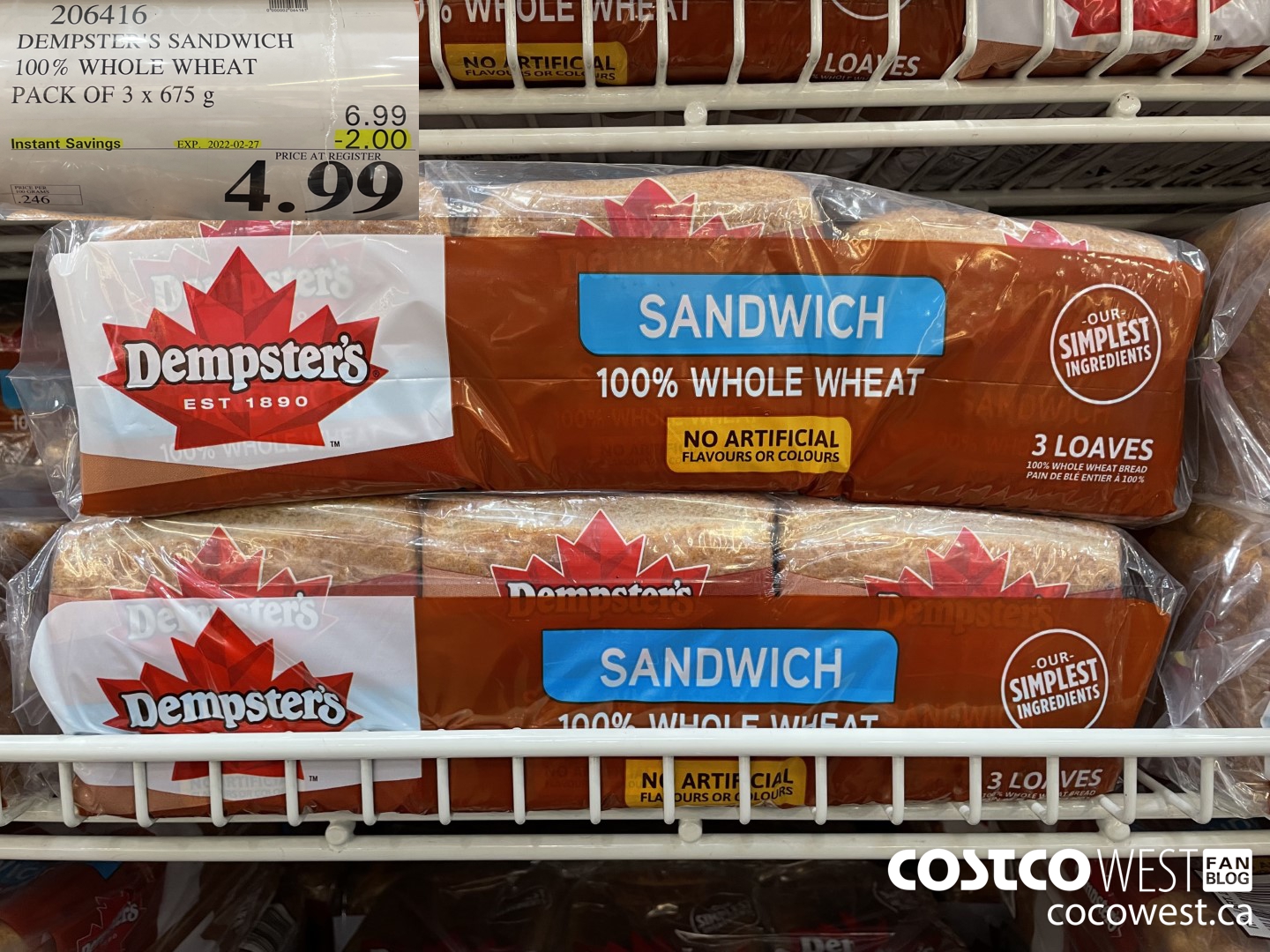 206416 DEMPSTER'S SANDWICH 100% WHOLE WHEAT PACK OF 3 x 675 g ($2.00 INSTANT SAVINGS EXPIRES ON 2022-02-27) $4.99