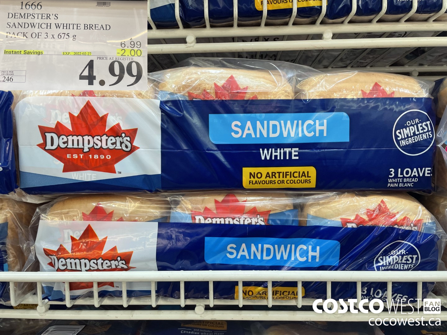 1666 DEMPSTER'S SANDWICH WHITE BREAD PACK OF 3 x 675 g  ($2.00 INSTANT SAVINGS EXPIRES ON 2022-02-27) $4.99