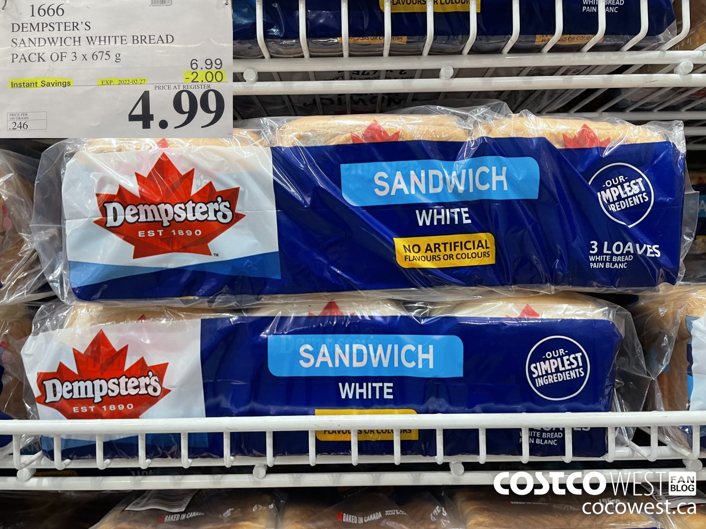 1666 DEMPSTER'S SANDWICH WHITE BREAD PACK OF 3 x 675 g  ($2.00 INSTANT SAVINGS EXPIRES ON 2022-02-27) $4.99