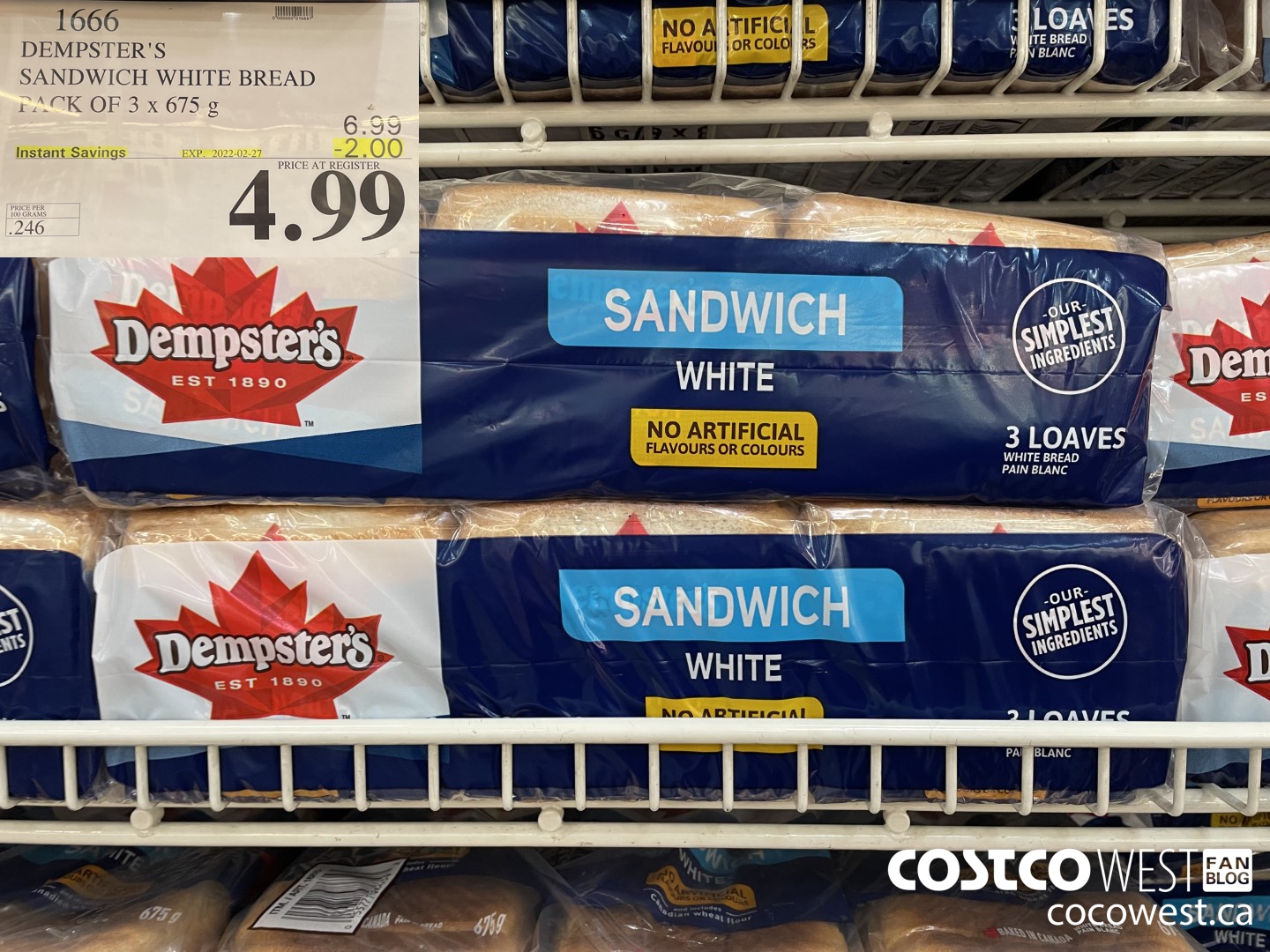 1666 DEMPSTER'S SANDWICH WHITE BREAD PACK OF 3 x 675 g  ($2.00 INSTANT SAVINGS EXPIRES ON 2022-02-27) $4.99